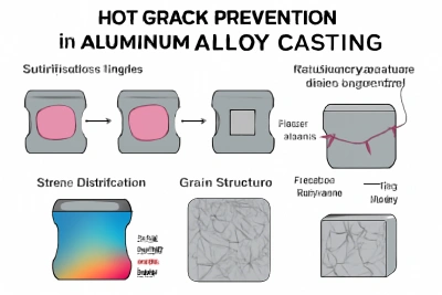 An educational diagram illustrating the stages of aluminum alloy casting, highlighting areas prone to hot cracks, stress distribution, and grain structure. It shows the transition from molten metal to solidified casting, with attention to vulnerable regions such as sharp corners and varying thickness sections. An educational diagram illustrating the stages of aluminum alloy casting, highlighting areas prone to hot cracks, stress distribution, and grain structure. It shows the transition from molten metal to solidified casting, with attention to vulnerable regions such as sharp corners and varying thickness sections.