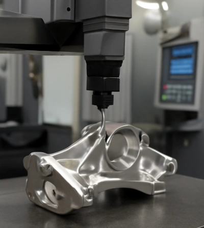 Coordinate Measuring Machine (CMM) checking dimensional accuracy of a precision aerospace part.